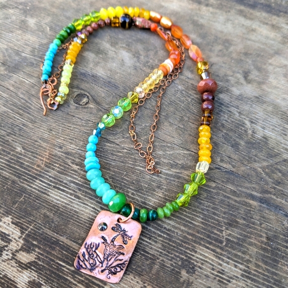 Hand Stamped Gemstone Gradient Dragonfly Necklace - Picture 2 of 10